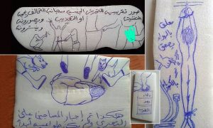 Prisoner’s drawings show how inmates were sodomised, had rocks tied to their and suffered electric shocks to their genitals as part of systematic abuse at UAE-run prisons in Yemen
