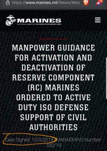 MARINES ORDERED TO ACTIVE DUTY ISO DEFENSE SUPPORT OF CIVIL AUTHORITIES