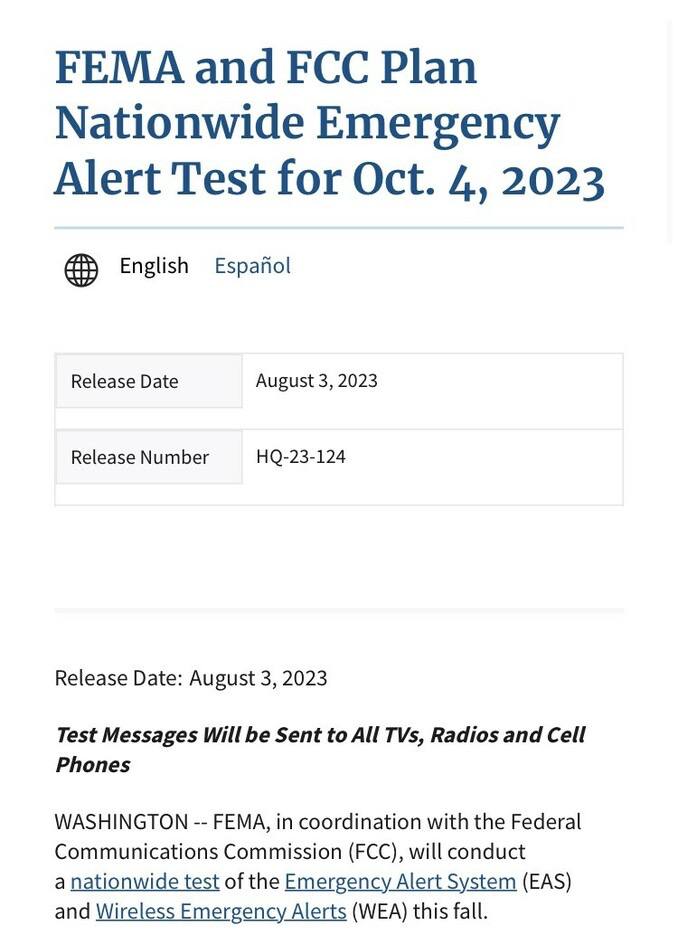 Fema and FCC Plan Nationwide Emergency Alert TEST For Oct. 4, 2023 – First Day Of Sukkot!