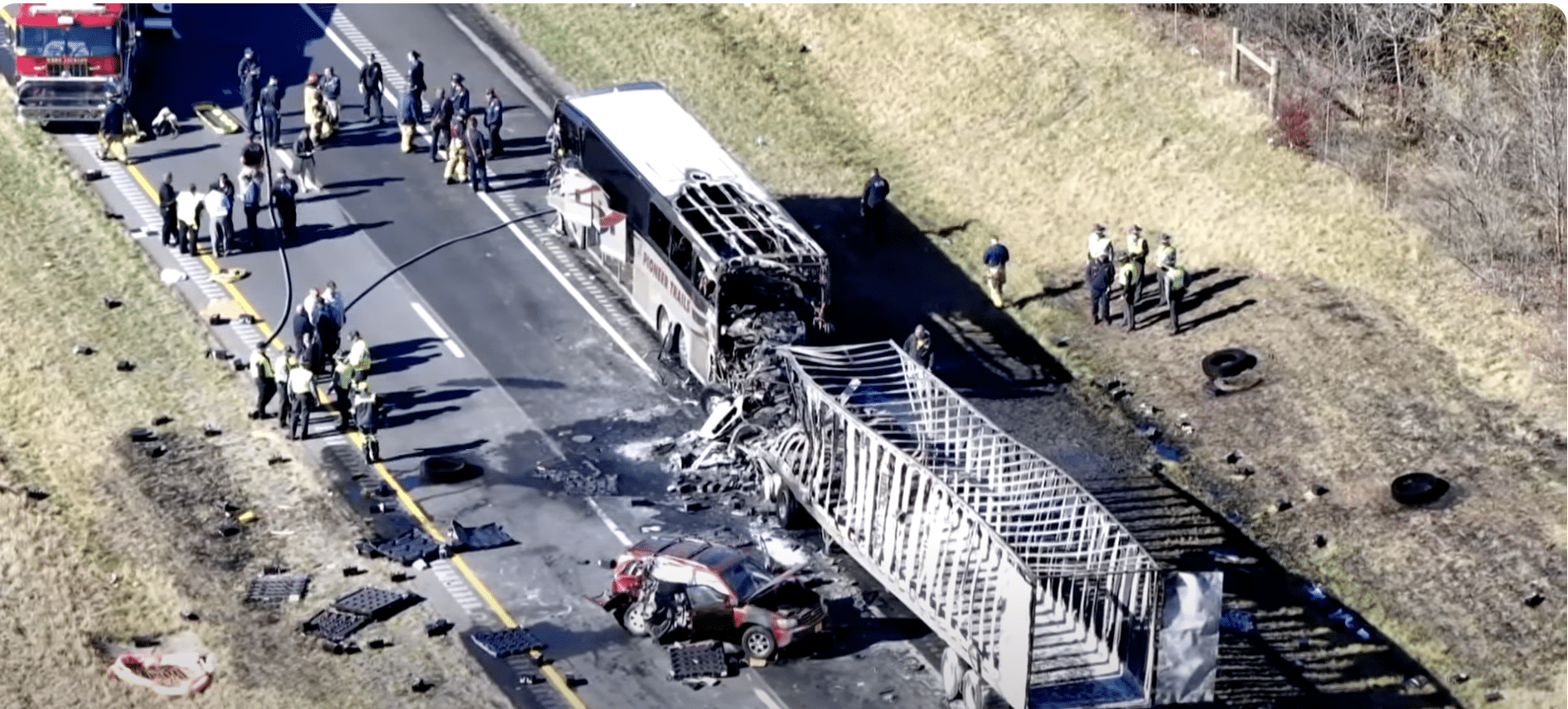 Six killed and eighteen injured after semi truck plows into Ohio school bus carrying 57 people on I.70