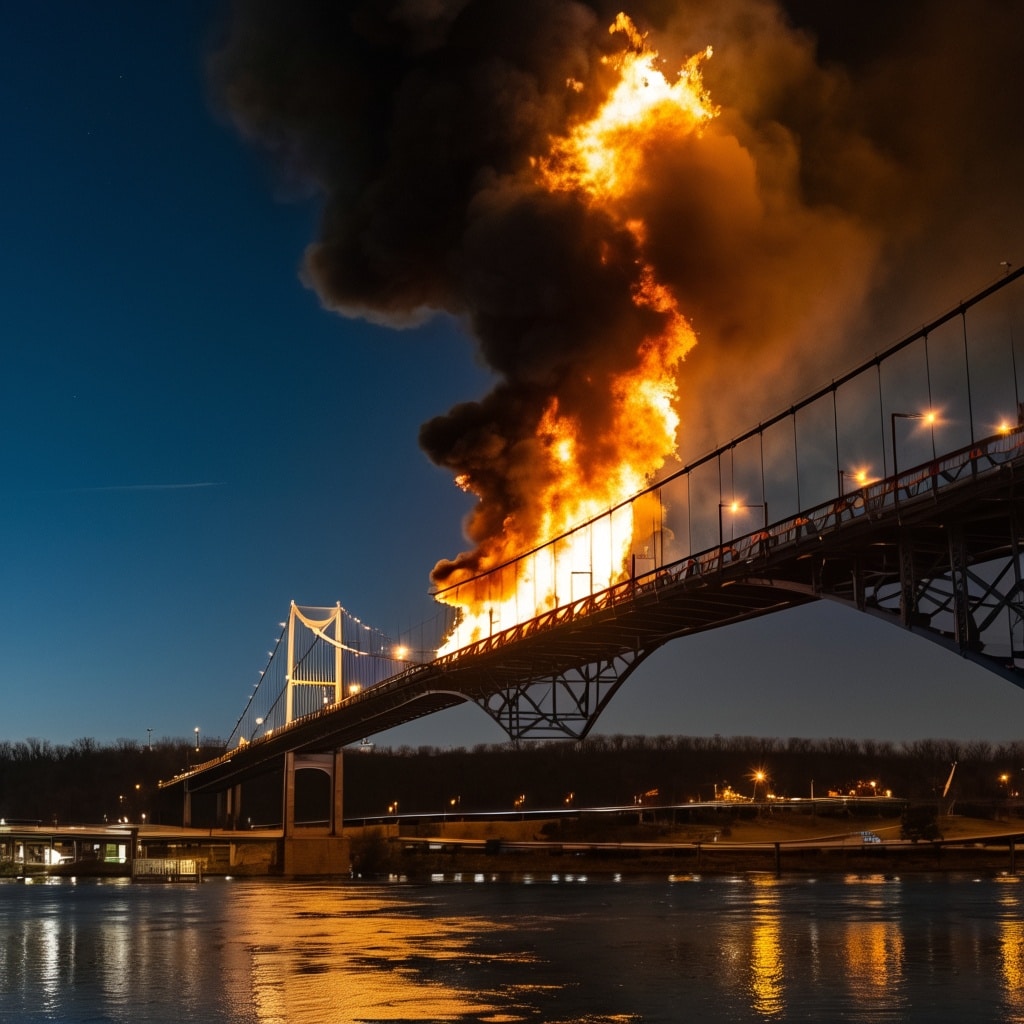 Massive fire damages steel beams, and deck on Bridge over Ohio River