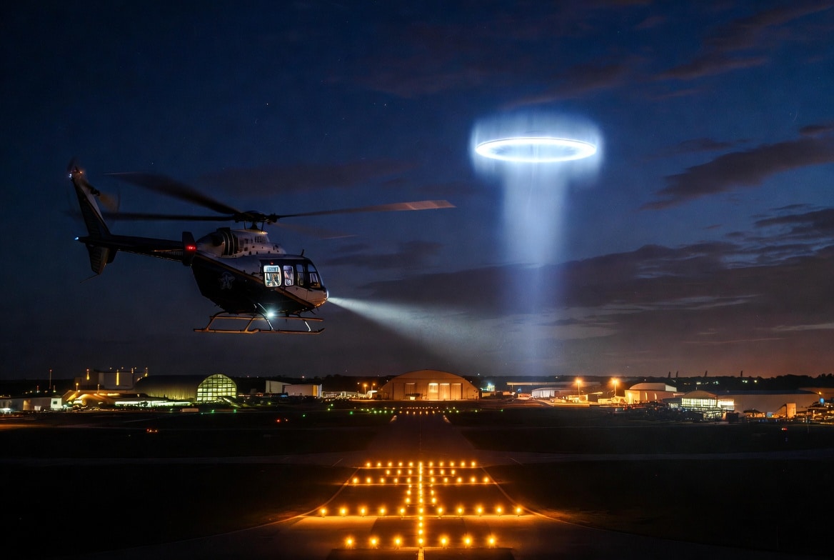 Police chopper forced to take evasive action after targeted by UFO over air base
