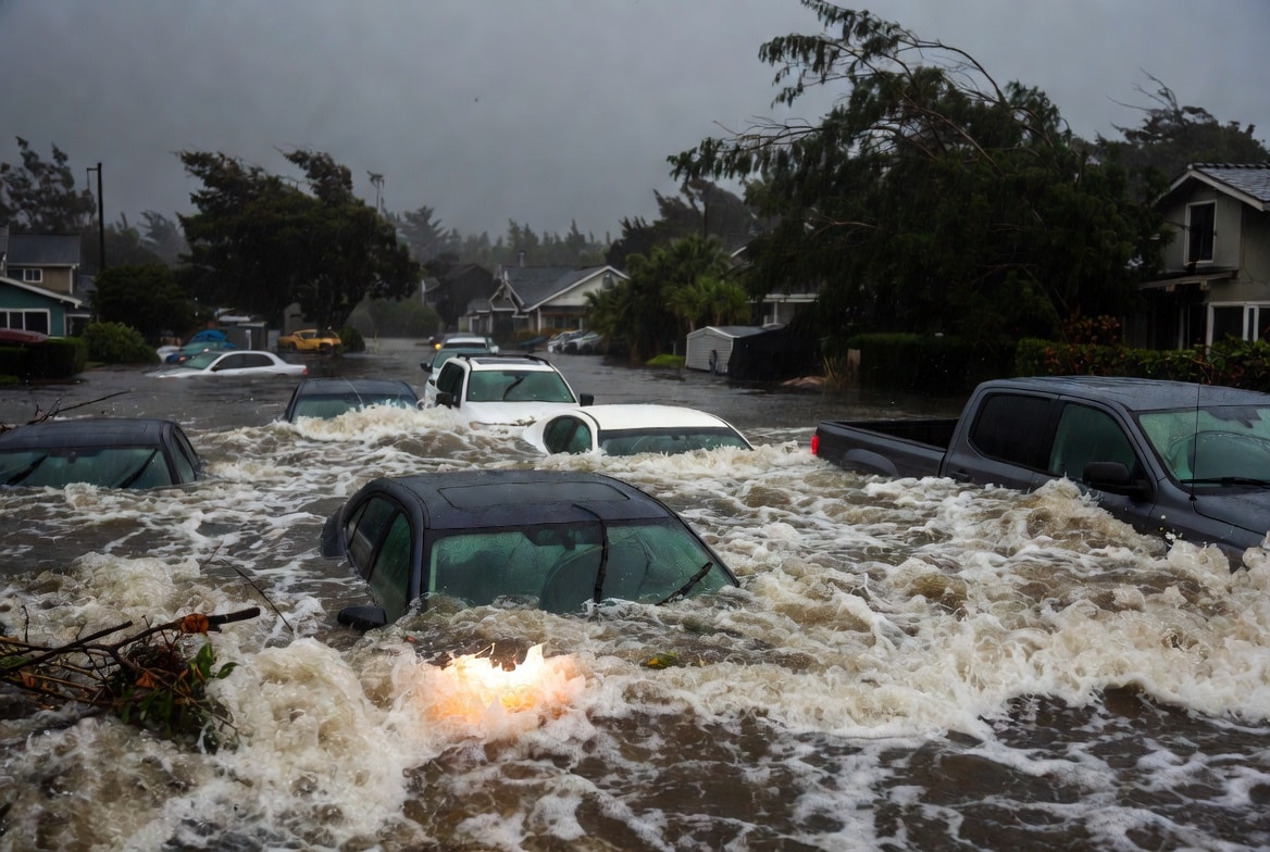 West Coast hammered by TRILLIONS of gallons of rain, wind speeds of up to 144 mph, and flooding forcing road closures for months