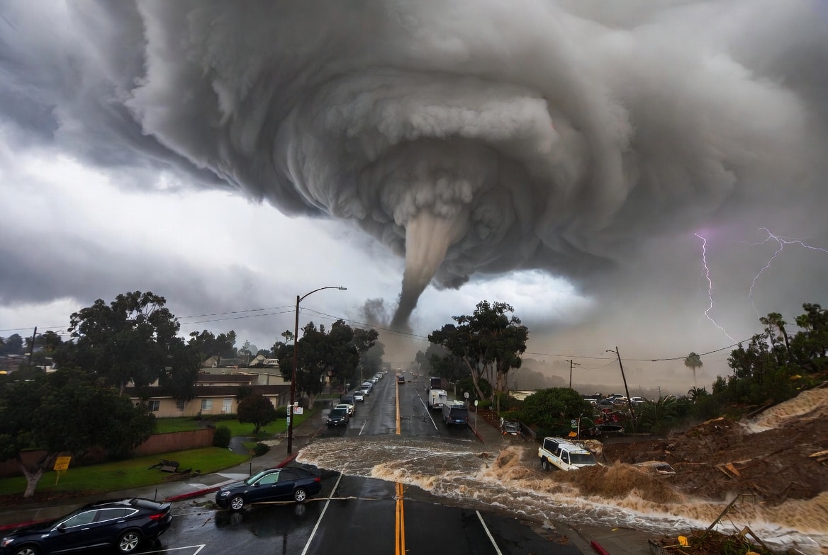 California issues tornado warnings as flash floods and mudslides wreak chaos across LA less than a year after devastating wildfires