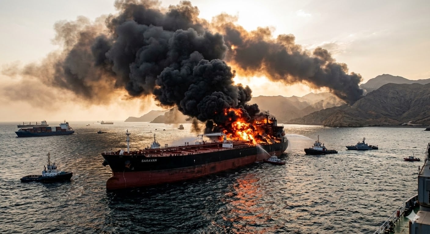 Drone strike torches oil tanker in Strait of Hormuz as Iran’s blockade halts global shipping