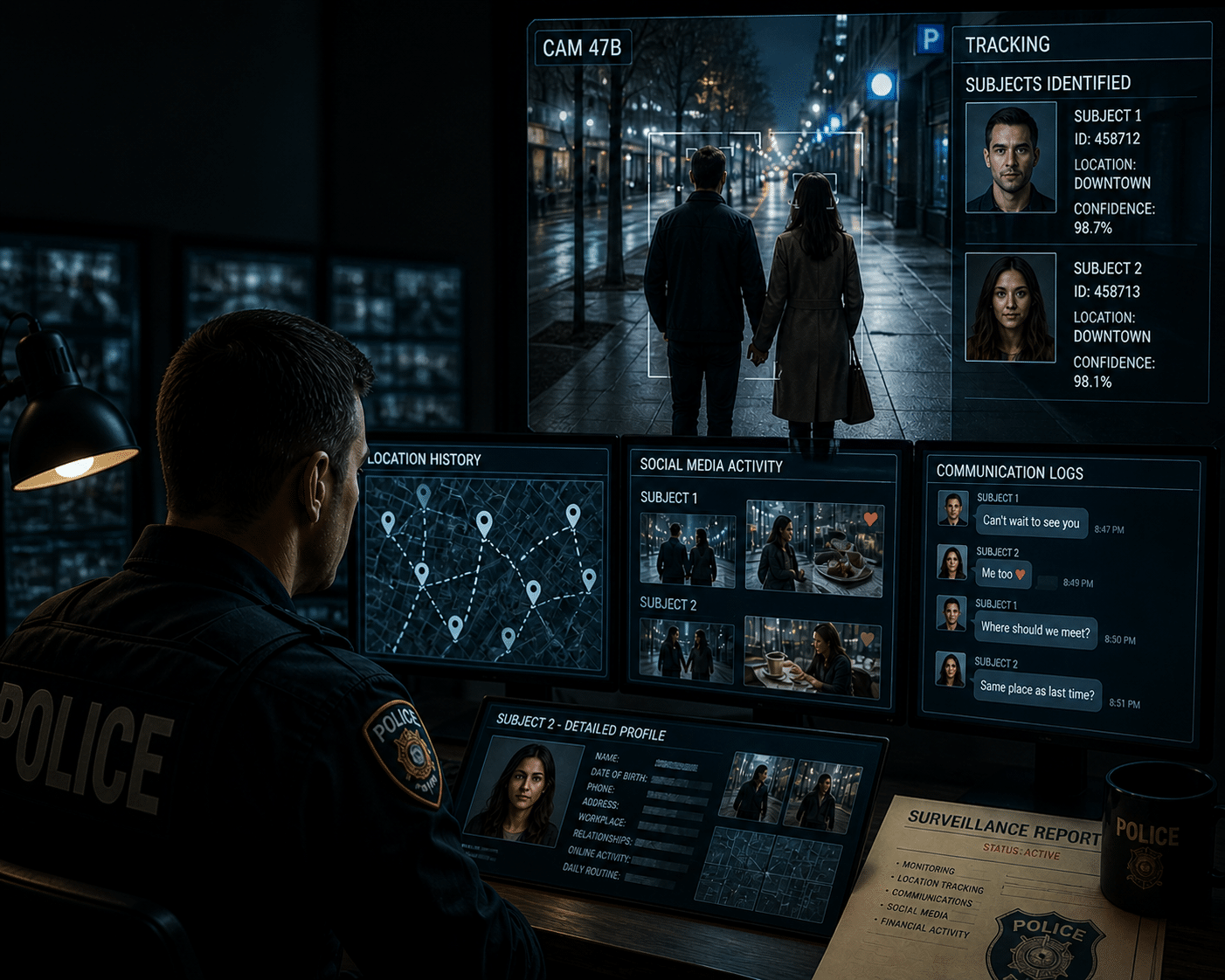 A dystopian society is here! Police are now using surveillance tech to stalk love interests