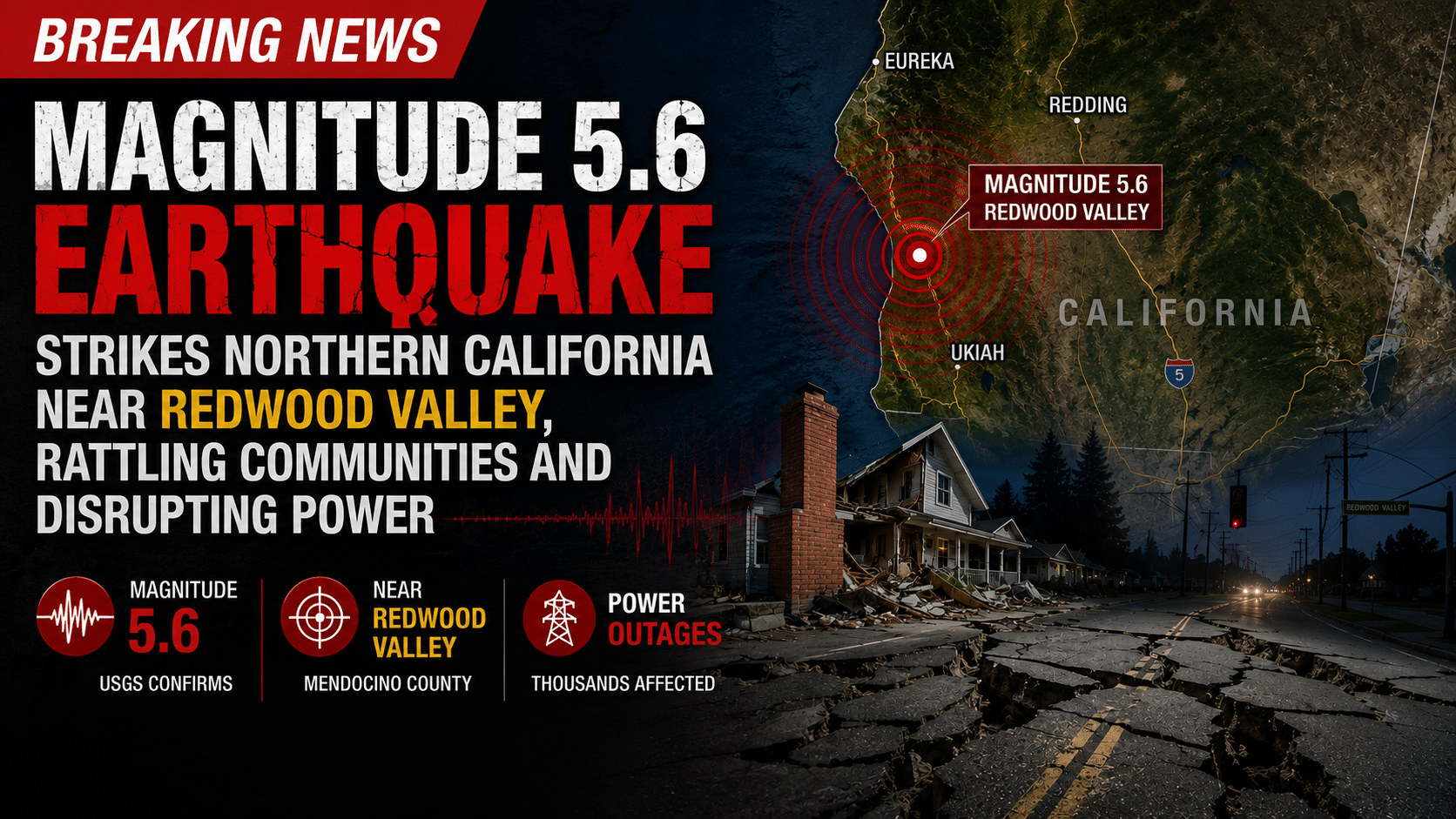 Magnitude 5.6 Earthquake Strikes Northern California Near Redwood Valley, Rattling Communities and Disrupting Power