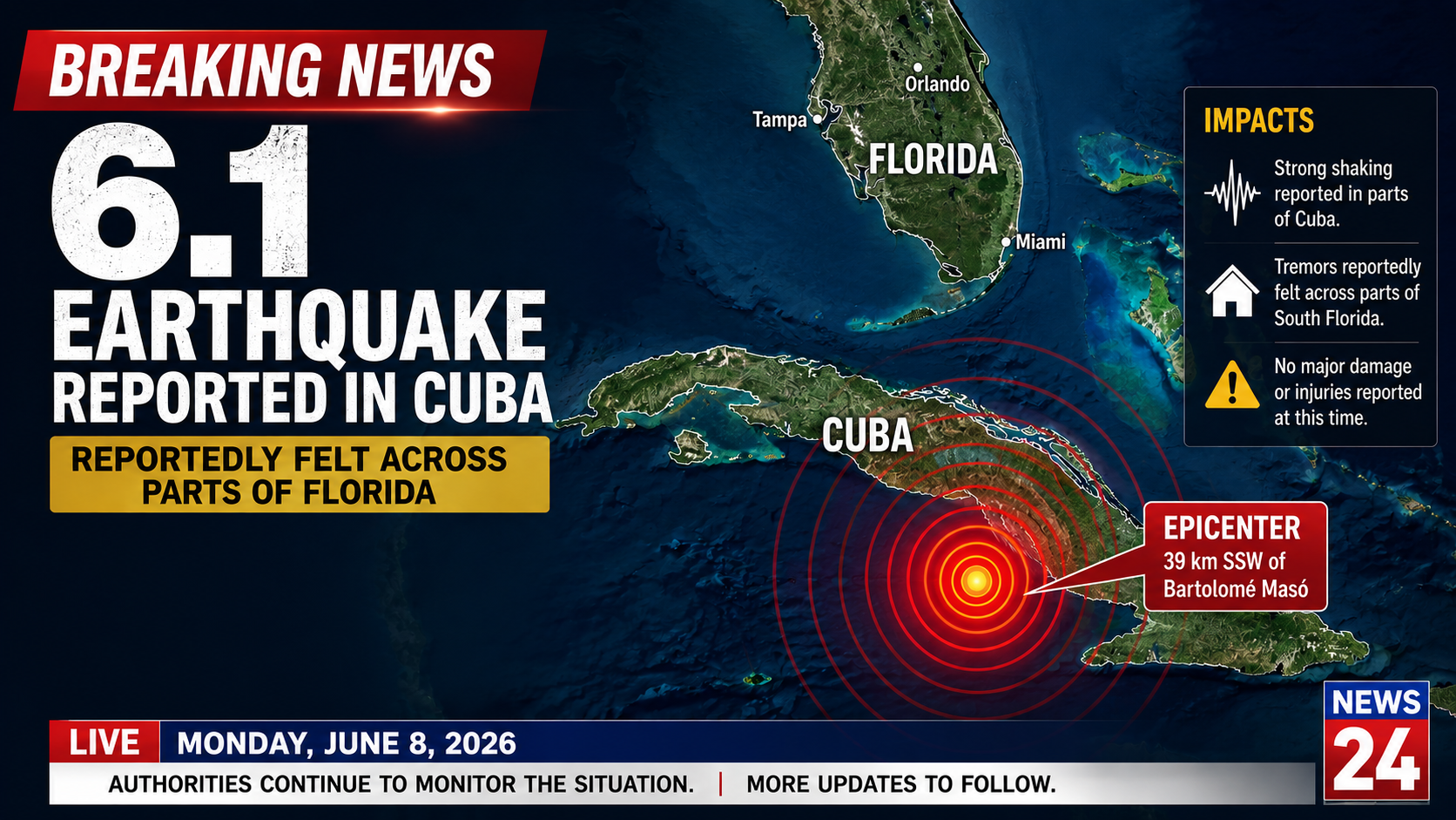 Strong 6.1 earthquake strikes Cuba, reportedly felt across parts of Florida