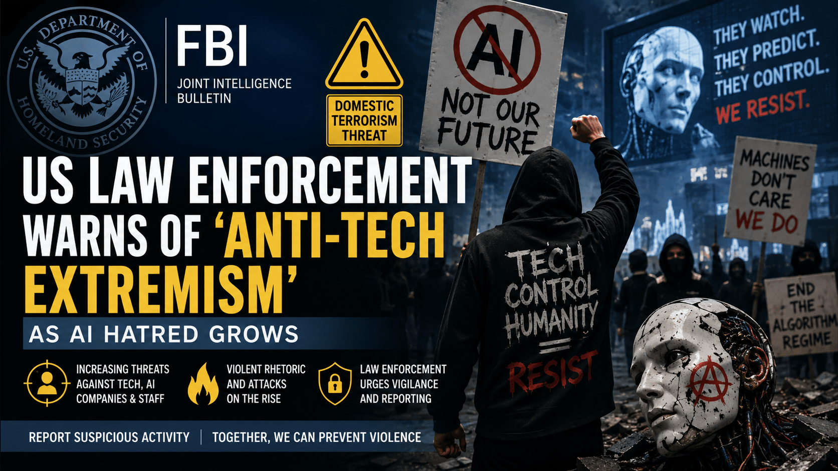 Home About Support Podcast Watch Free App Merch Follow ETH “US Law Enforcement Issues Dire Alert: ‘Anti-Tech Extremism’ Explodes as Hatred for AI Reaches a Boiling Point”