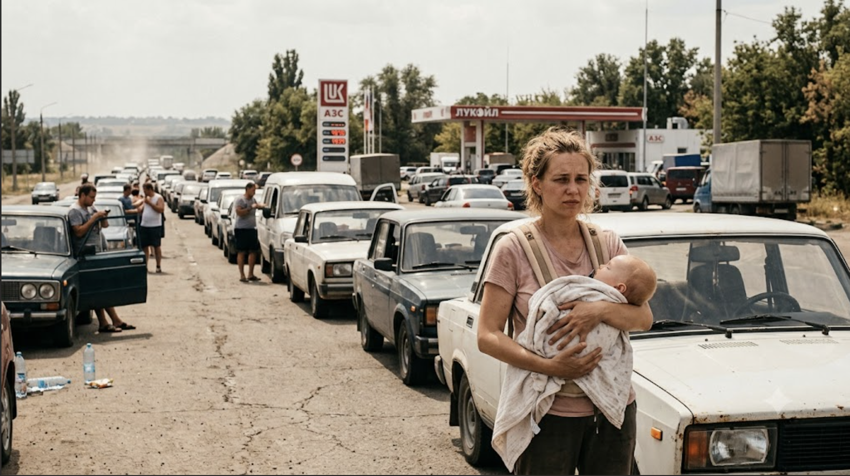 Russia’s fuel crisis is so bad that a mom and her baby waited in line for 18 hours to get gas
