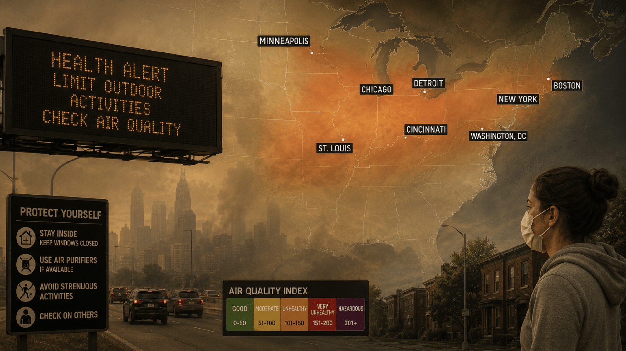 Officials urge people to stay inside from the US Midwest to East Coast as toxic smoke from wildfires spreads