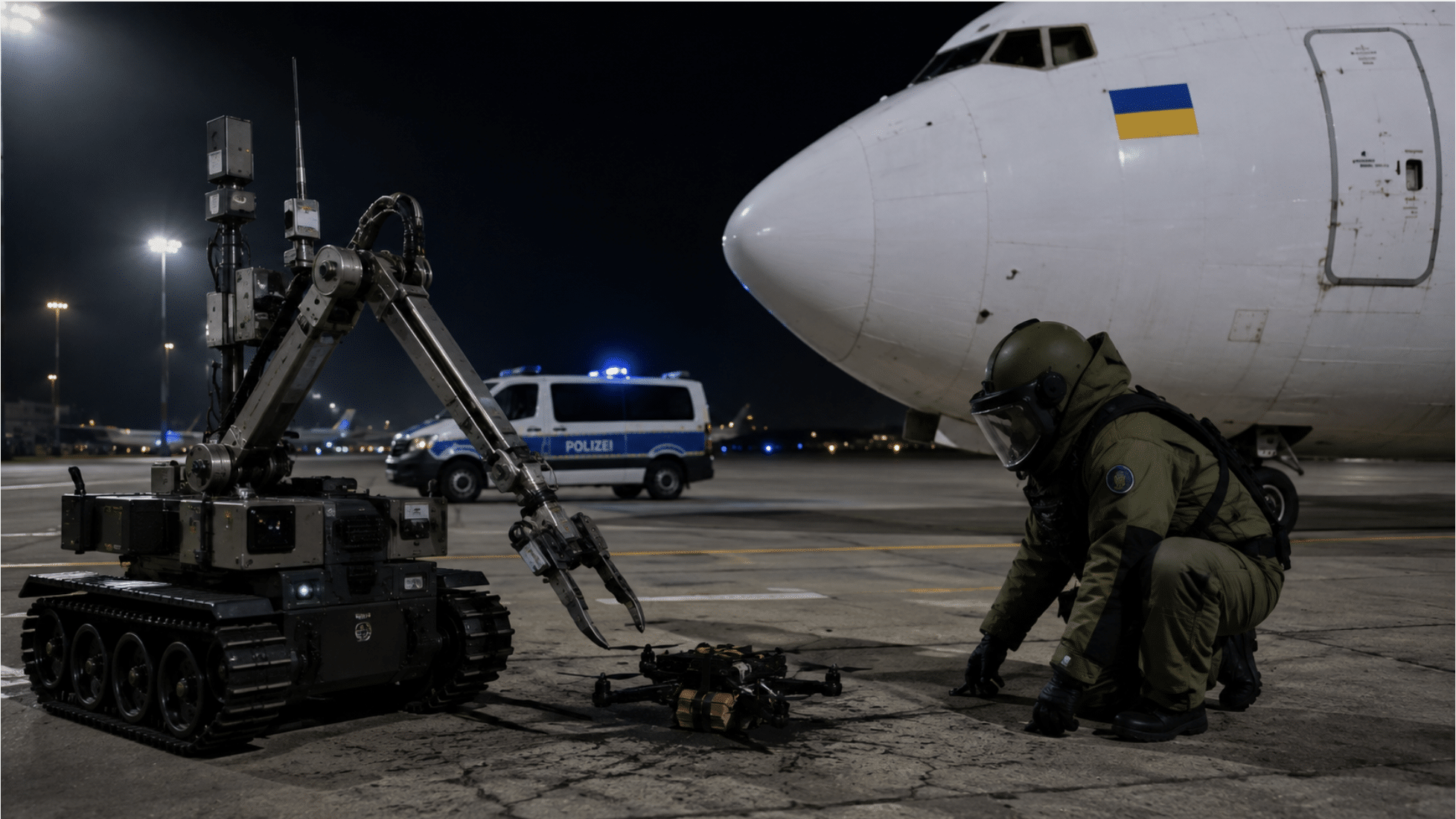 Drone carrying explosive device strikes plane at German airport