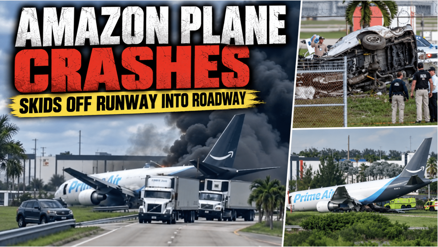 Five dead, multiple injured after Amazon cargo plane barrels off Miami airport runway and smashes into vehicles before bursting into flames